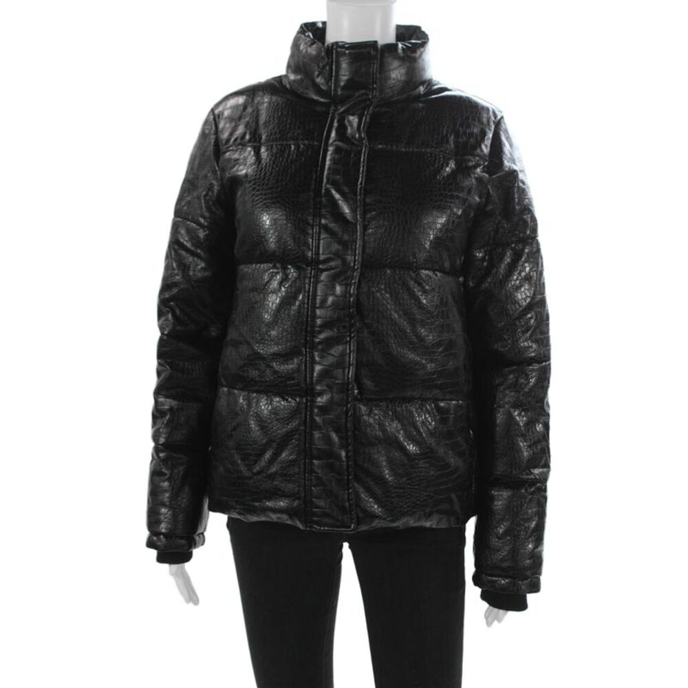 Marc New York Women Black Animal Print Polyurethane Puffer Jacket Zip Size S